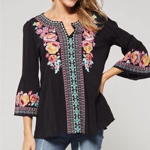 Savanna Jane Black Rayon Top with Pink and Orange Embroidery